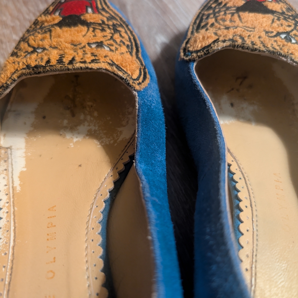 Charlotte Olympia Blue Suede Flats with Embroidered Tiger Patch - Picture 3 of 6